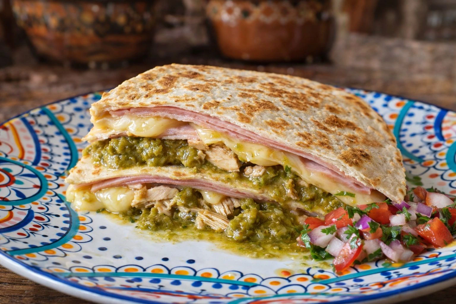 Chicken mexican quesadillas in green mole sauce.